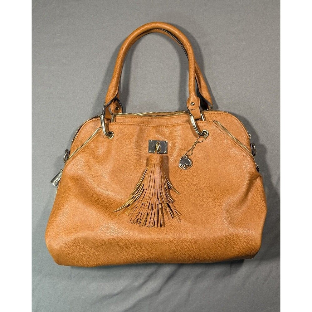 Big Buddha Tan Faux Leather Satchel Handbag Zip Slouchy Shoulder Bag W/ Tassel